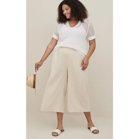 Torrid Crop Pull On Wide Leg Stretch Linen Blend Pant Size 00/M-L - Khaki - Picture 1 of 10